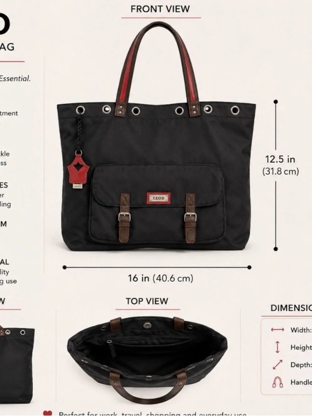 IZOD Black Nylon Tote Bag with Red Accent